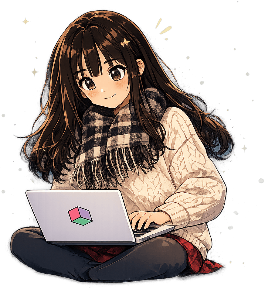 Illustration of Ornida sitting cross-legged with a laptop
